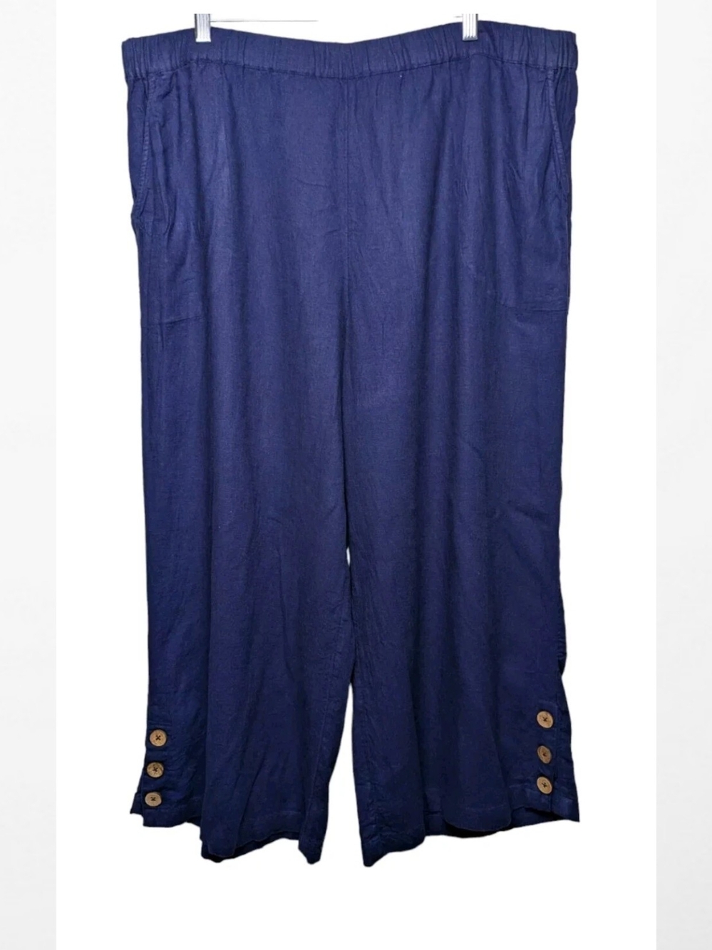 Joan Rivers Wide-Leg Button-Hem Crop Pants Linen Blend Pull On Elastic Waist